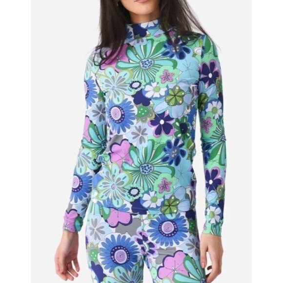 Celia B Sz XL Top Blue Rinnes Floral Retro Long Sleeve Mock Collar CeliaB New - Picture 1 of 6